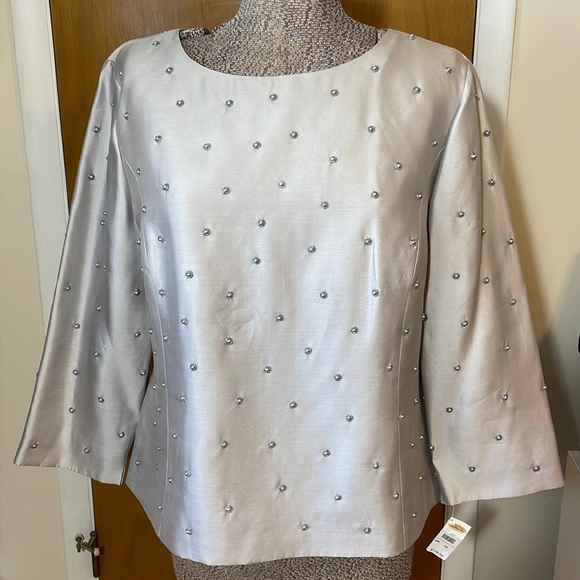 Talbots Tops - Talbots NWT Womens 16 Silk Gray Matte Taffeta Silver Blouse with Beaded Accents